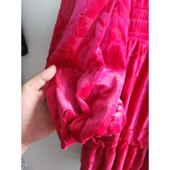 Eloquii Pink Magent Burnout Floral Velvet Ruffle Neck A-Line Smocked Dress sz 20 - Picture 6 of 13